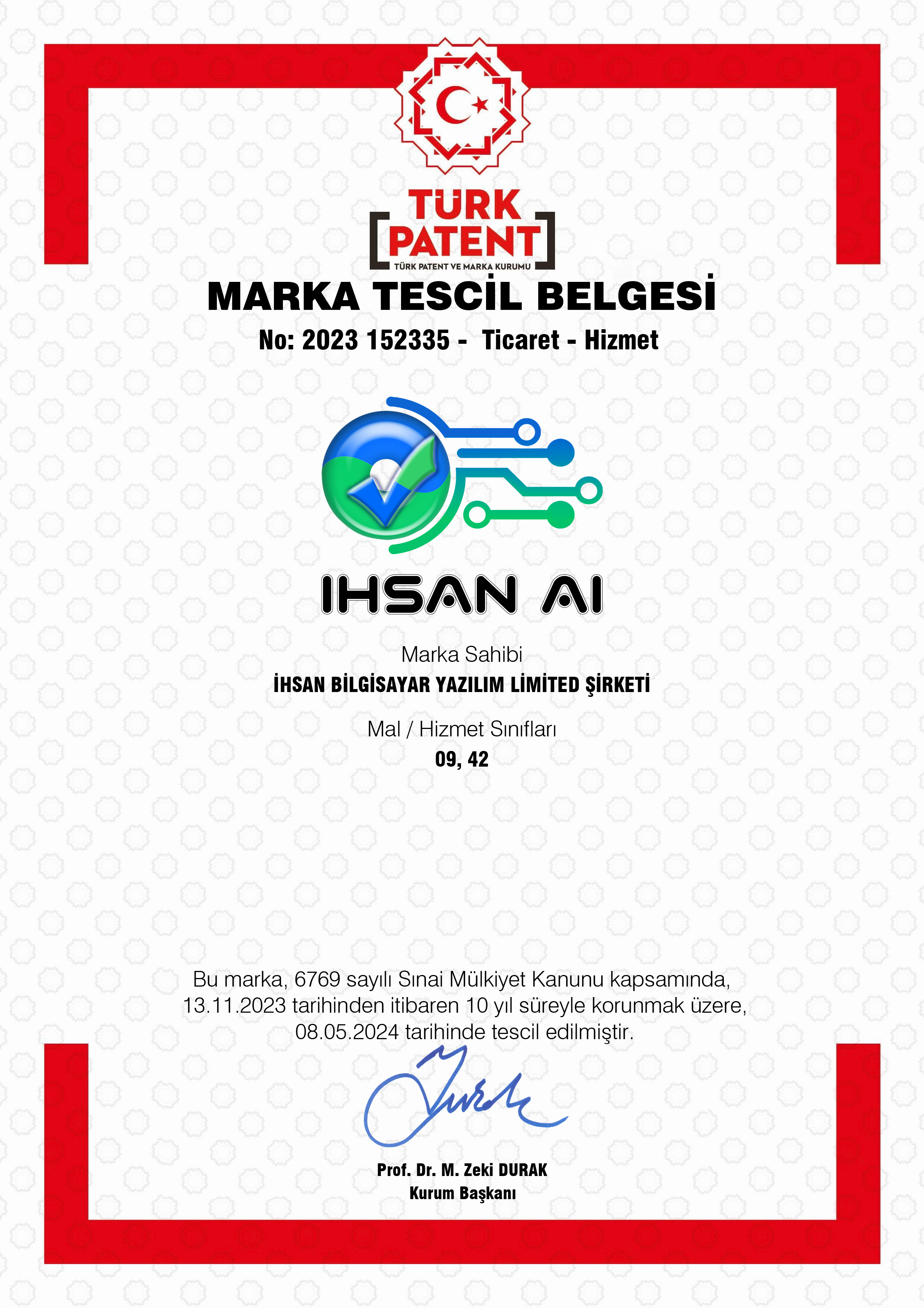 İhsan AI Marka Tescil Belgesi