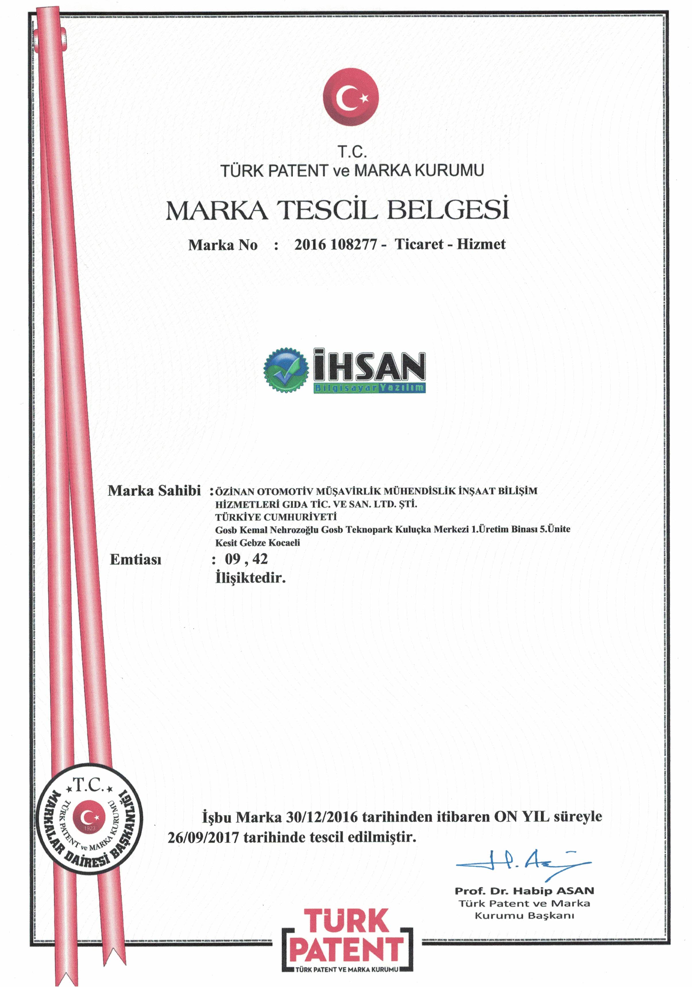 İhsan Bilgisayar Yazılım Marka Tescil Belgesi